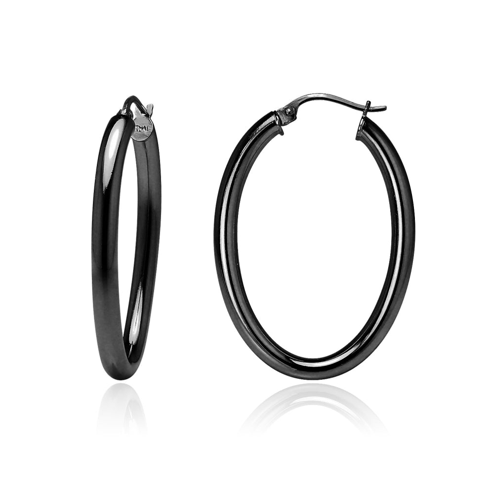 Black Flashed Sterling Silver 3x40mm High Polished Oval Hoop Earrings