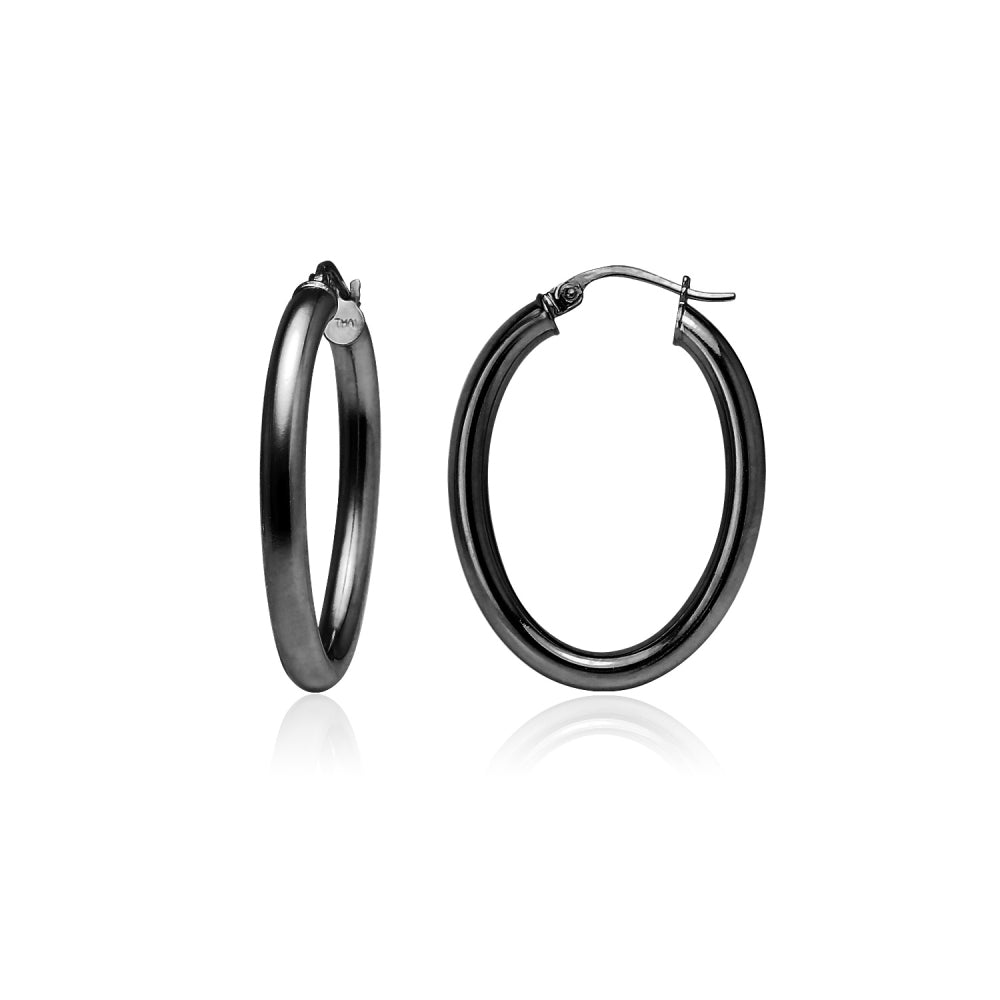 Black Flashed Sterling Silver 3x40mm High Polished Oval Hoop Earrings-2