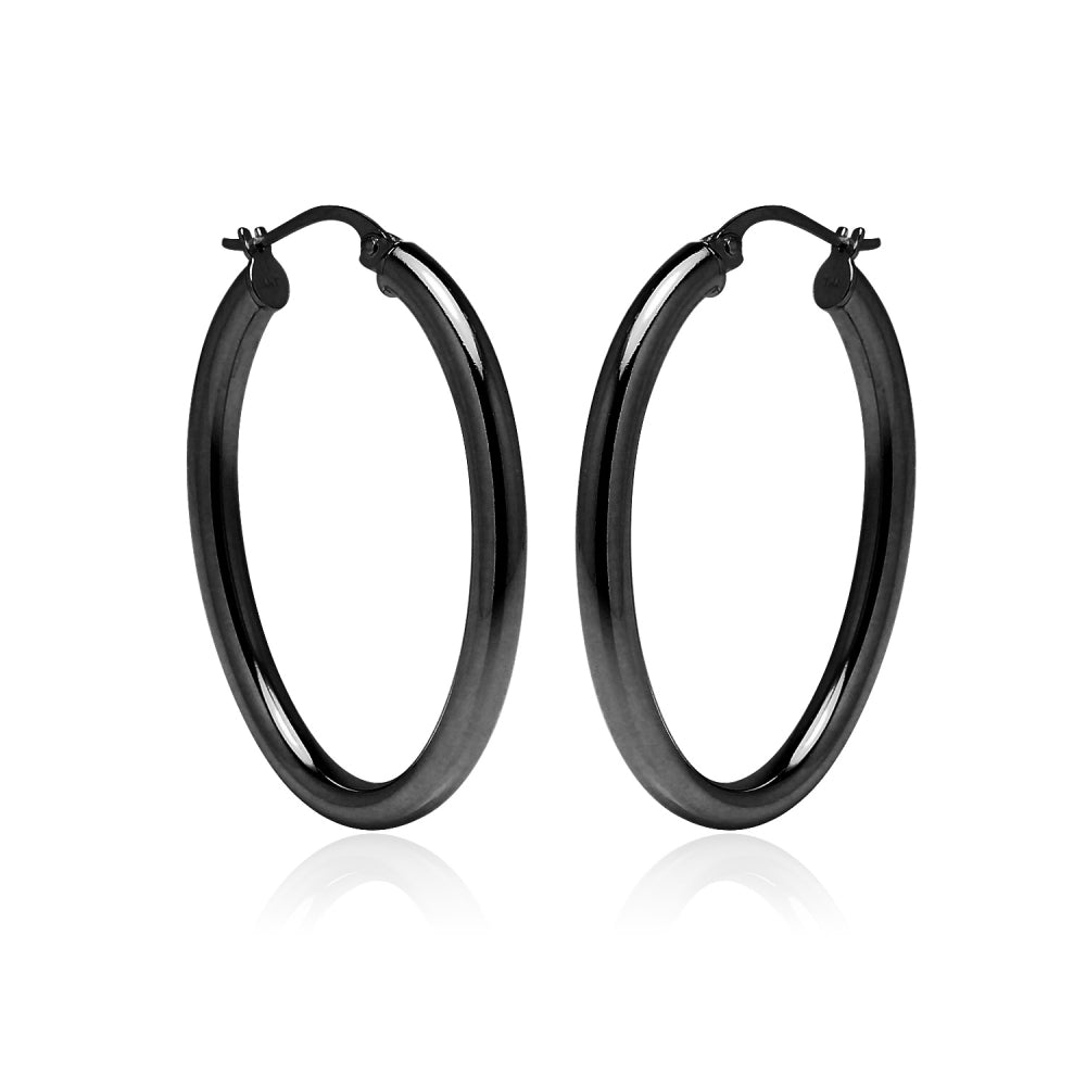 Black Flashed Sterling Silver 3x40mm High Polished Oval Hoop Earrings-3