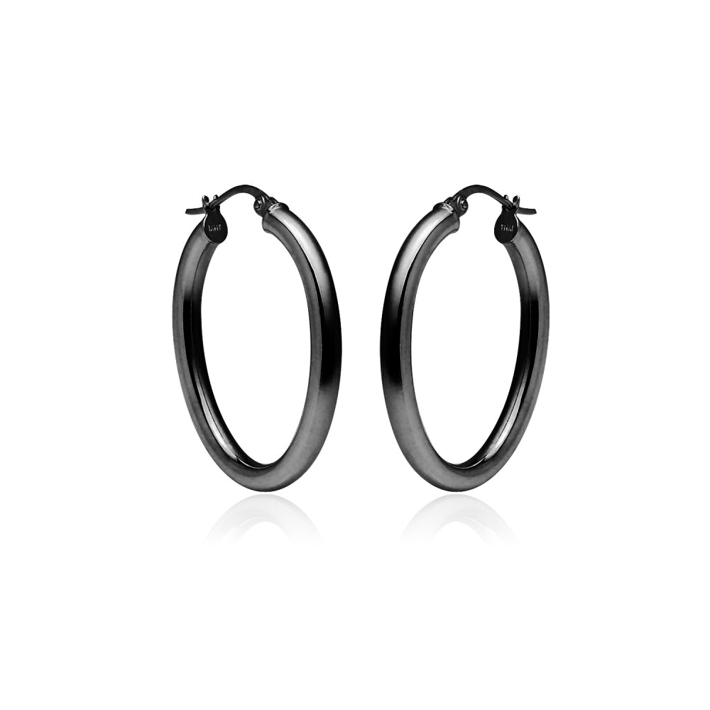 Black Flashed Sterling Silver 3x40mm High Polished Oval Hoop Earrings-4