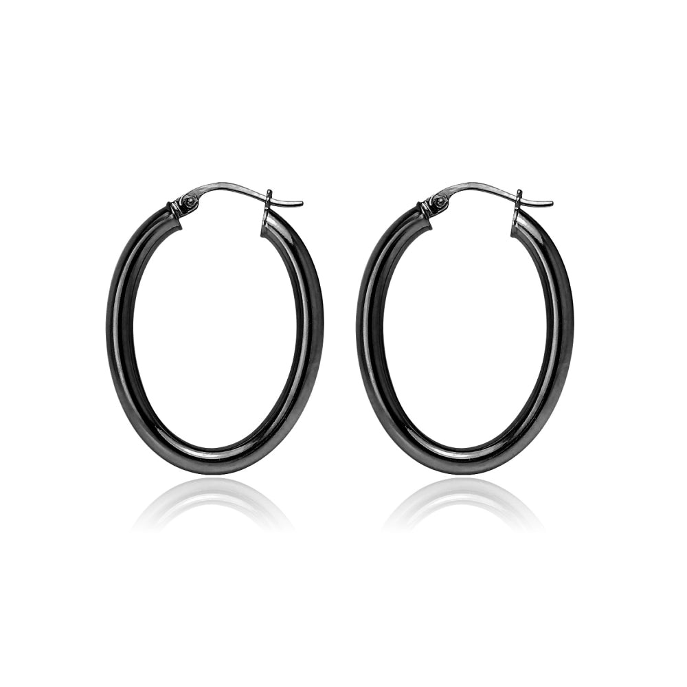 Black Flashed Sterling Silver 3x40mm High Polished Oval Hoop Earrings-5