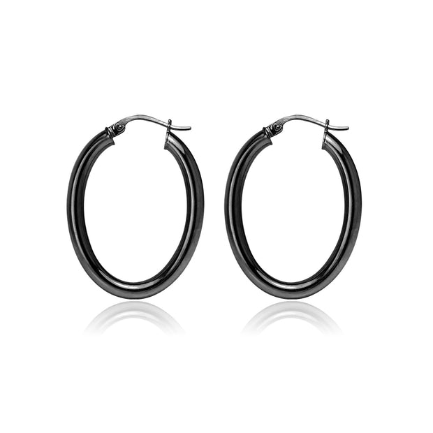 Black Flashed Sterling Silver 3x40mm High Polished Oval Hoop Earrings