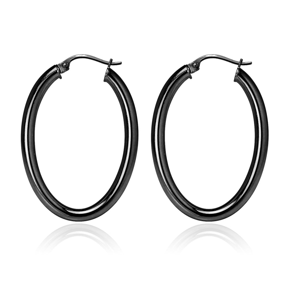 Black Flashed Sterling Silver 3x40mm High Polished Oval Hoop Earrings-6