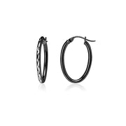 Black Flashed Sterling Silver Two Tone 2mm Oval Diamond-Cut Hoop Earrings, 15mm
