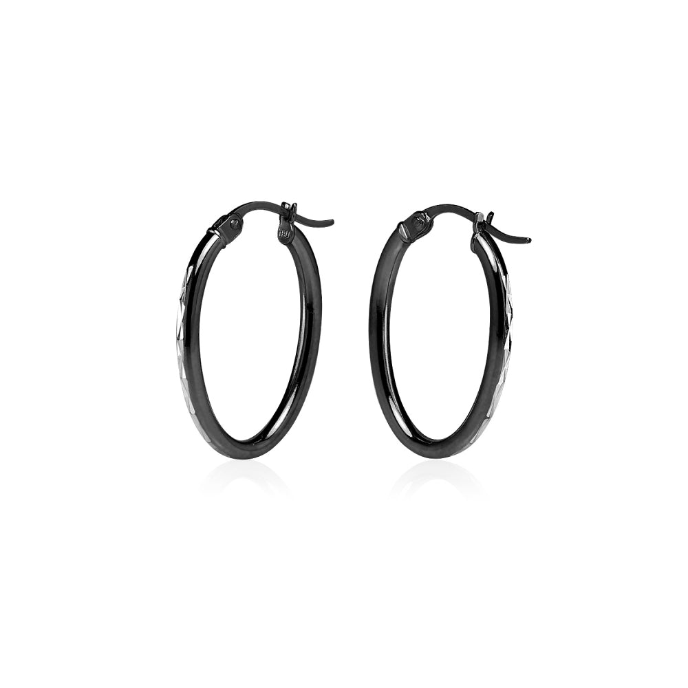 Black Flashed Sterling Silver Two Tone 2mm Oval Diamond-Cut Hoop Earrings, 15mm-2