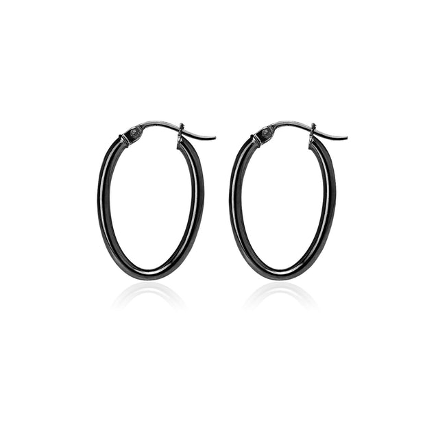 Black Flashed Sterling Silver Two Tone 2mm Oval Diamond-Cut Hoop Earrings, 15mm
