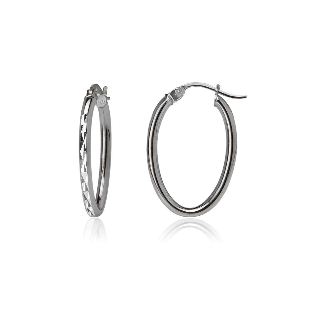 Black Flashed Sterling Silver Two Tone 2x25mm Diamond-Cut Oval Hoop Earrings
