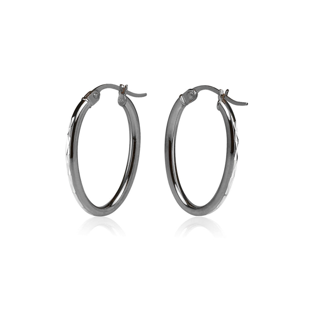 Black Flashed Sterling Silver Two Tone 2x25mm Diamond-Cut Oval Hoop Earrings-2