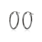 Black Flashed Sterling Silver Two Tone 2x25mm Diamond-Cut Oval Hoop Earrings