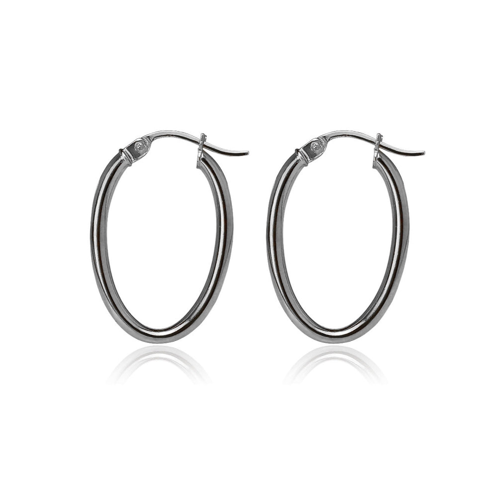 Black Flashed Sterling Silver Two Tone 2x25mm Diamond-Cut Oval Hoop Earrings-3