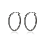 Black Flashed Sterling Silver Two Tone 2x25mm Diamond-Cut Oval Hoop Earrings