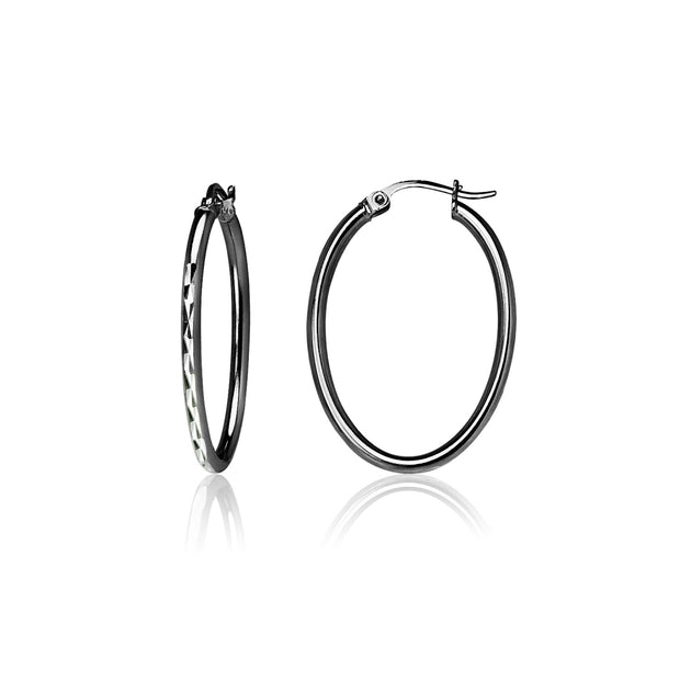 Black Flashed Sterling Silver Two Tone 2x30mm Diamond-Cut Oval Hoop Earrings