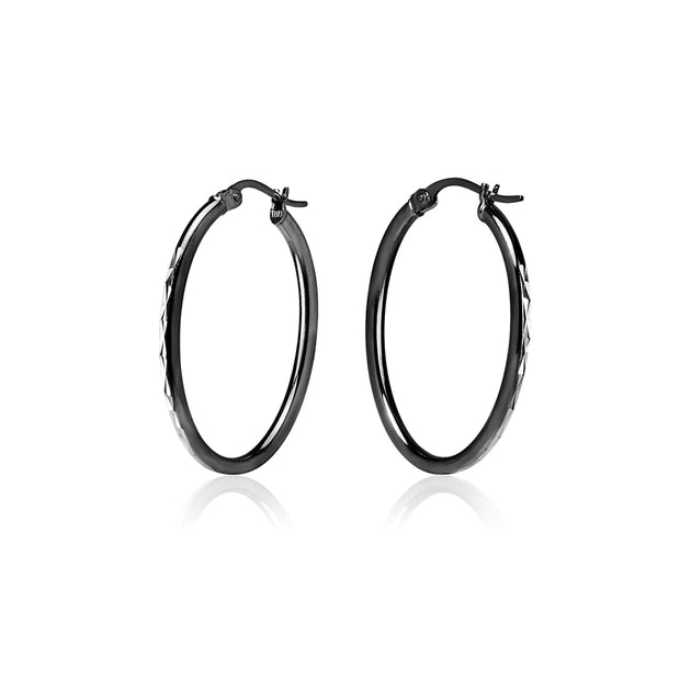 Black Flashed Sterling Silver Two Tone 2x30mm Diamond-Cut Oval Hoop Earrings