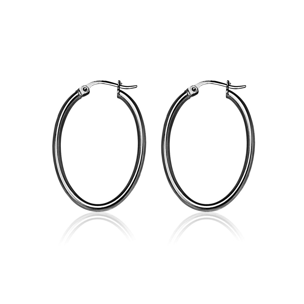 Black Flashed Sterling Silver Two Tone 2x30mm Diamond-Cut Oval Hoop Earrings-3