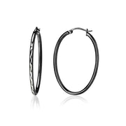 Black Flashed Sterling Silver Two Tone 2x35mm Diamond-Cut Oval Hoop Earrings