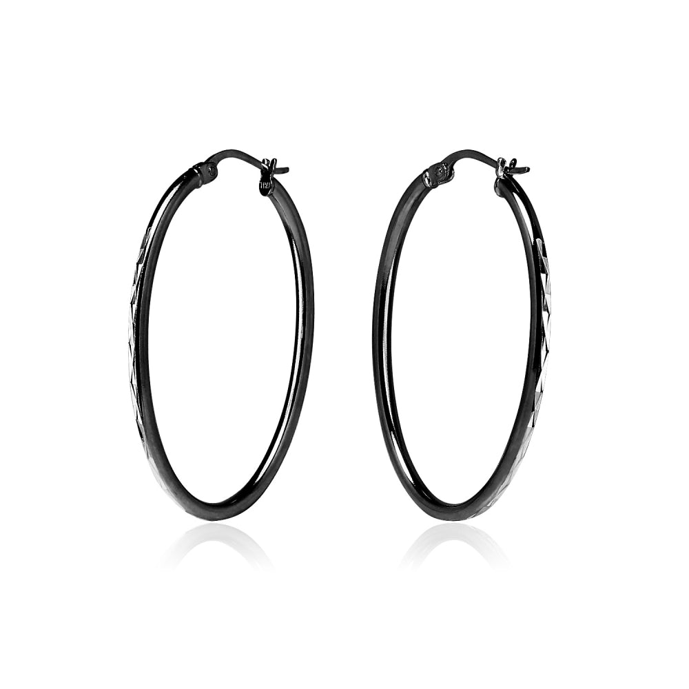 Black Flashed Sterling Silver Two Tone 2x35mm Diamond-Cut Oval Hoop Earrings-2