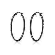 Black Flashed Sterling Silver Two Tone 2x35mm Diamond-Cut Oval Hoop Earrings