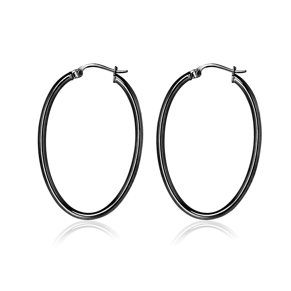 Black Flashed Sterling Silver Two Tone 2x35mm Diamond-Cut Oval Hoop Earrings-3
