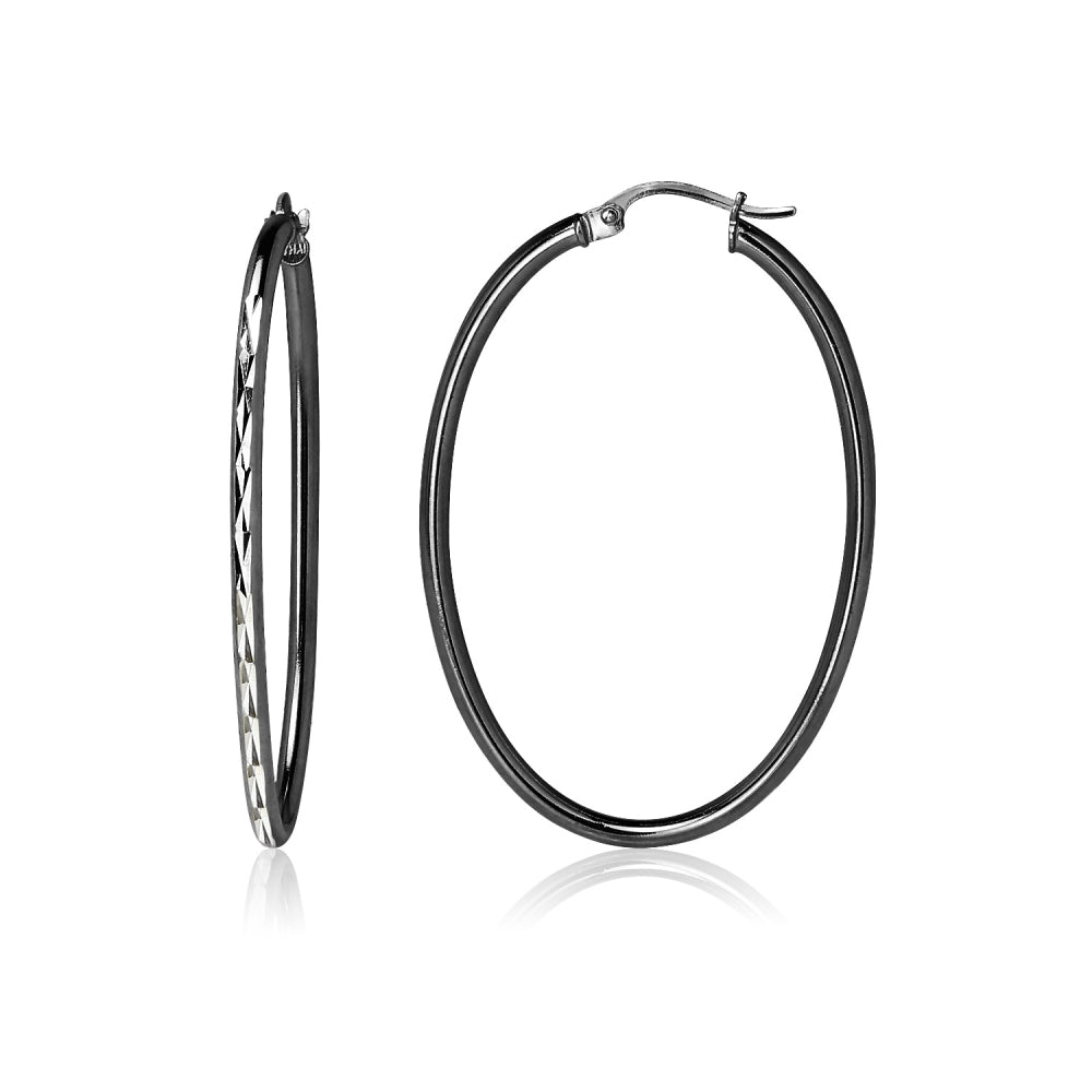 Black Flashed Sterling Silver Two Tone 2x40mm Diamond-Cut Oval Hoop Earrings