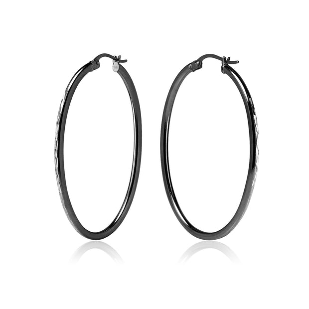 Black Flashed Sterling Silver Two Tone 2x40mm Diamond-Cut Oval Hoop Earrings