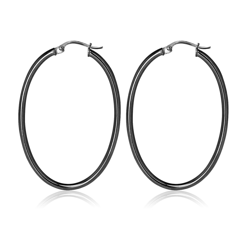 Black Flashed Sterling Silver Two Tone 2x40mm Diamond-Cut Oval Hoop Earrings-3