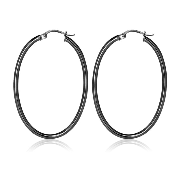 Black Flashed Sterling Silver Two Tone 2x40mm Diamond-Cut Oval Hoop Earrings