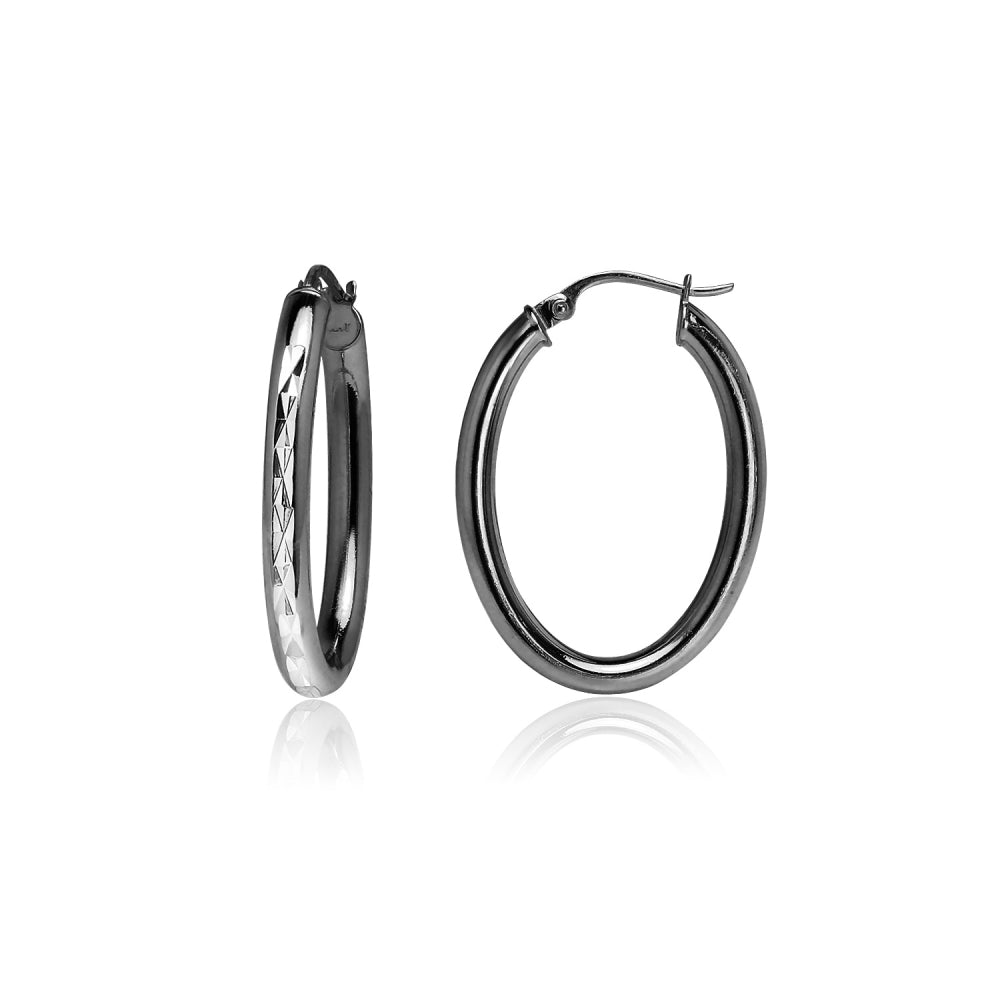 Black Flashed Sterling Silver Two Tone 3mm Oval Diamond-Cut Hoop Earrings, 20mm