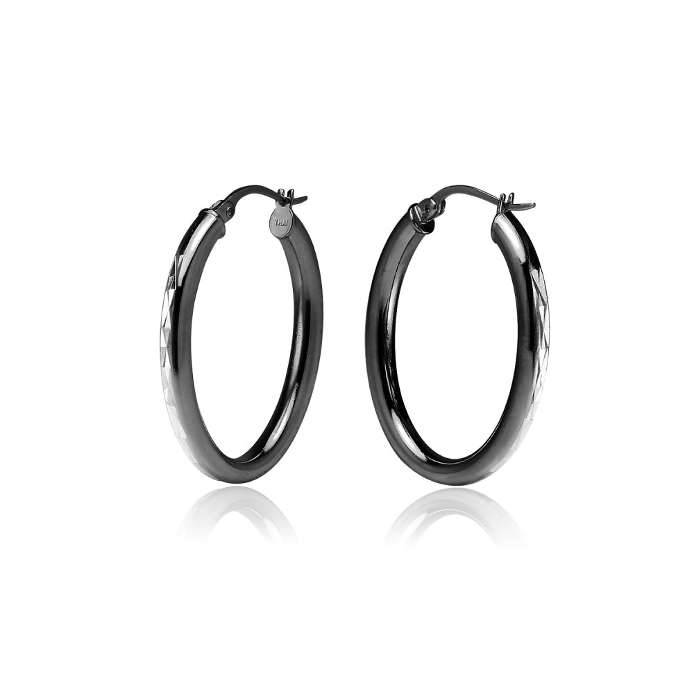 Black Flashed Sterling Silver Two Tone 3mm Oval Diamond-Cut Hoop Earrings, 20mm-2