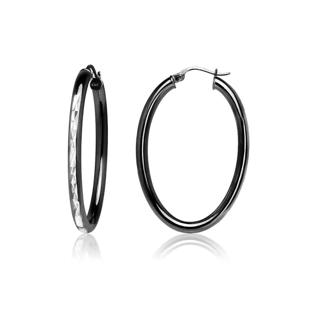 Black Flashed Sterling Silver Two Tone 3mm Oval Diamond-Cut Hoop Earrings, 25mm