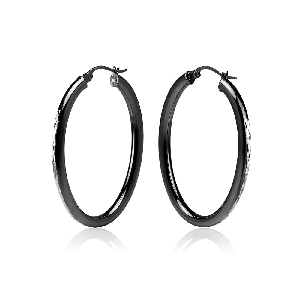 Black Flashed Sterling Silver Two Tone 3mm Oval Diamond-Cut Hoop Earrings, 25mm-2