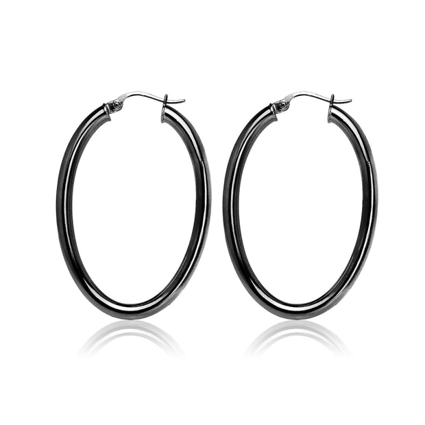 Black Flashed Sterling Silver Two Tone 3mm Oval Diamond-Cut Hoop Earrings, 25mm