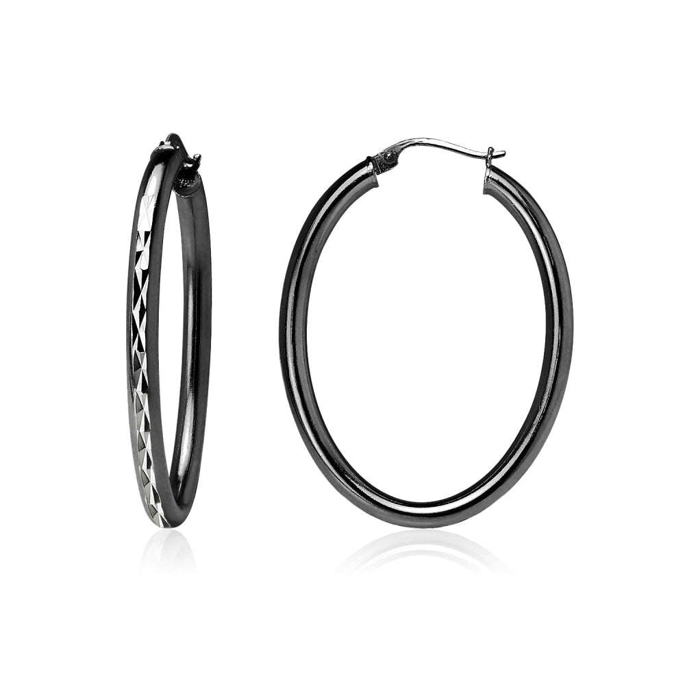 Black Flashed Sterling Silver Two Tone 3mm Oval Diamond-Cut Hoop Earrings, 30mm