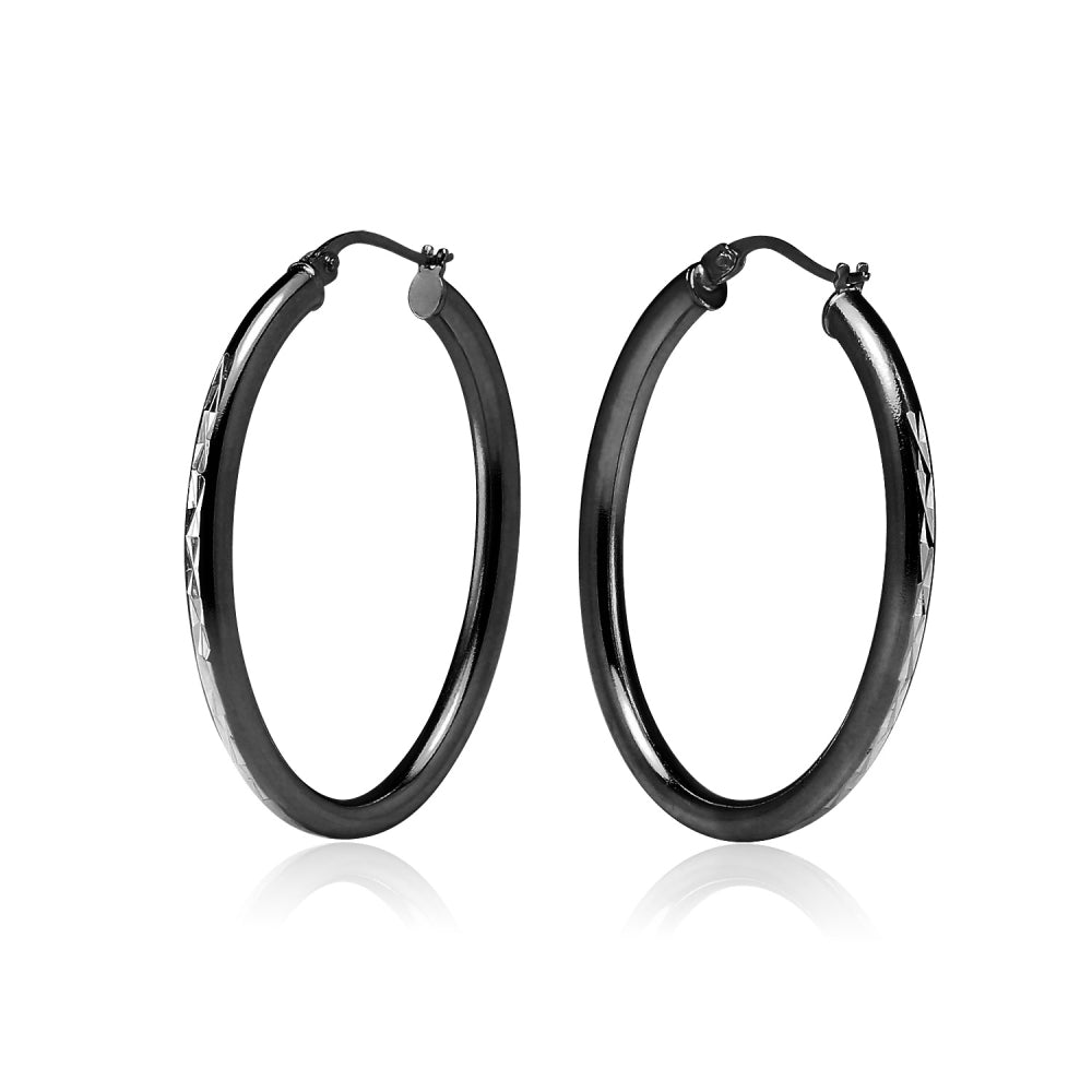 Black Flashed Sterling Silver Two Tone 3mm Oval Diamond-Cut Hoop Earrings, 30mm-2