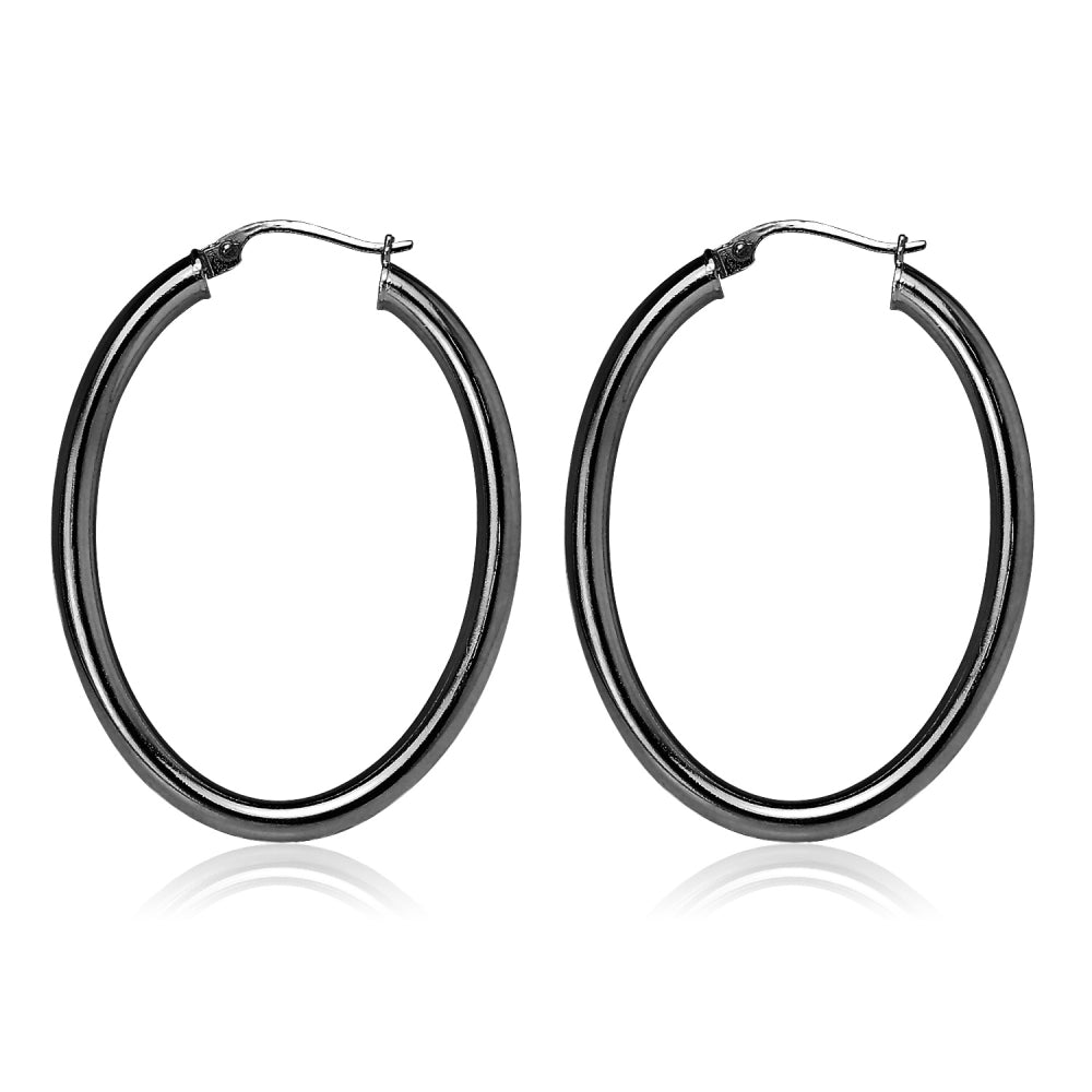 Black Flashed Sterling Silver Two Tone 3mm Oval Diamond-Cut Hoop Earrings, 30mm-3