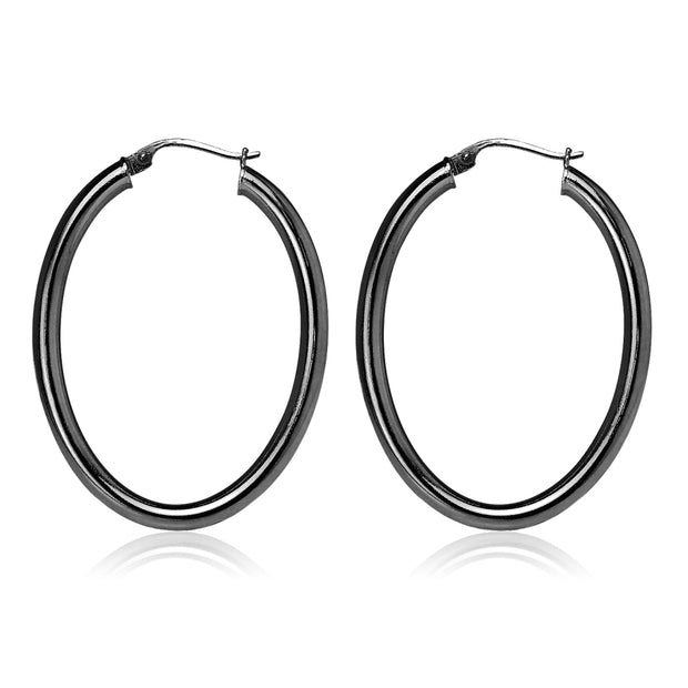 Black Flashed Sterling Silver Two Tone 3mm Oval Diamond-Cut Hoop Earrings, 30mm