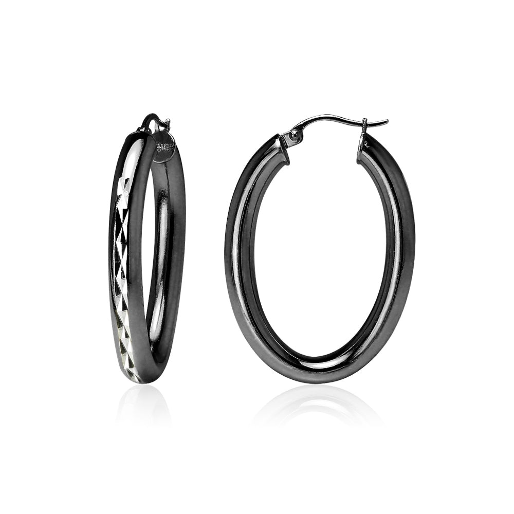 Black Flashed Sterling Silver Two Tone 4mm Oval Diamond-Cut Hoop Earrings, 25mm