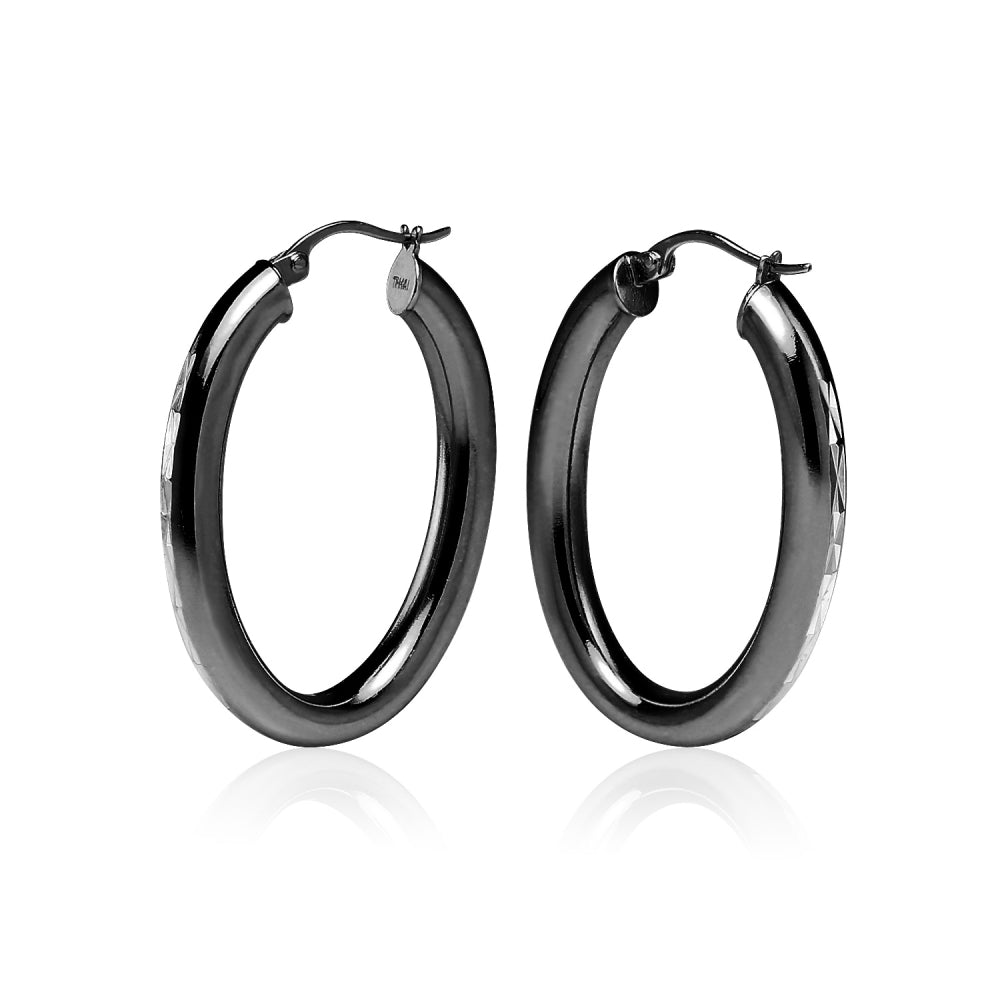 Black Flashed Sterling Silver Two Tone 4mm Oval Diamond-Cut Hoop Earrings, 25mm-2