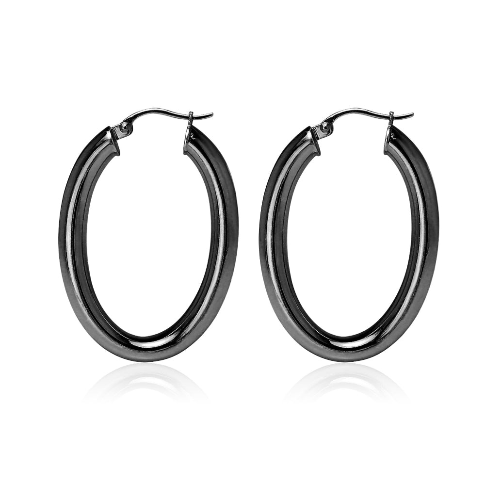 Black Flashed Sterling Silver Two Tone 4mm Oval Diamond-Cut Hoop Earrings, 25mm-3