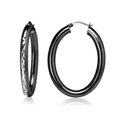 Black Flashed Sterling Silver Two Tone 4mm Oval Diamond-Cut Hoop Earrings, 30mm