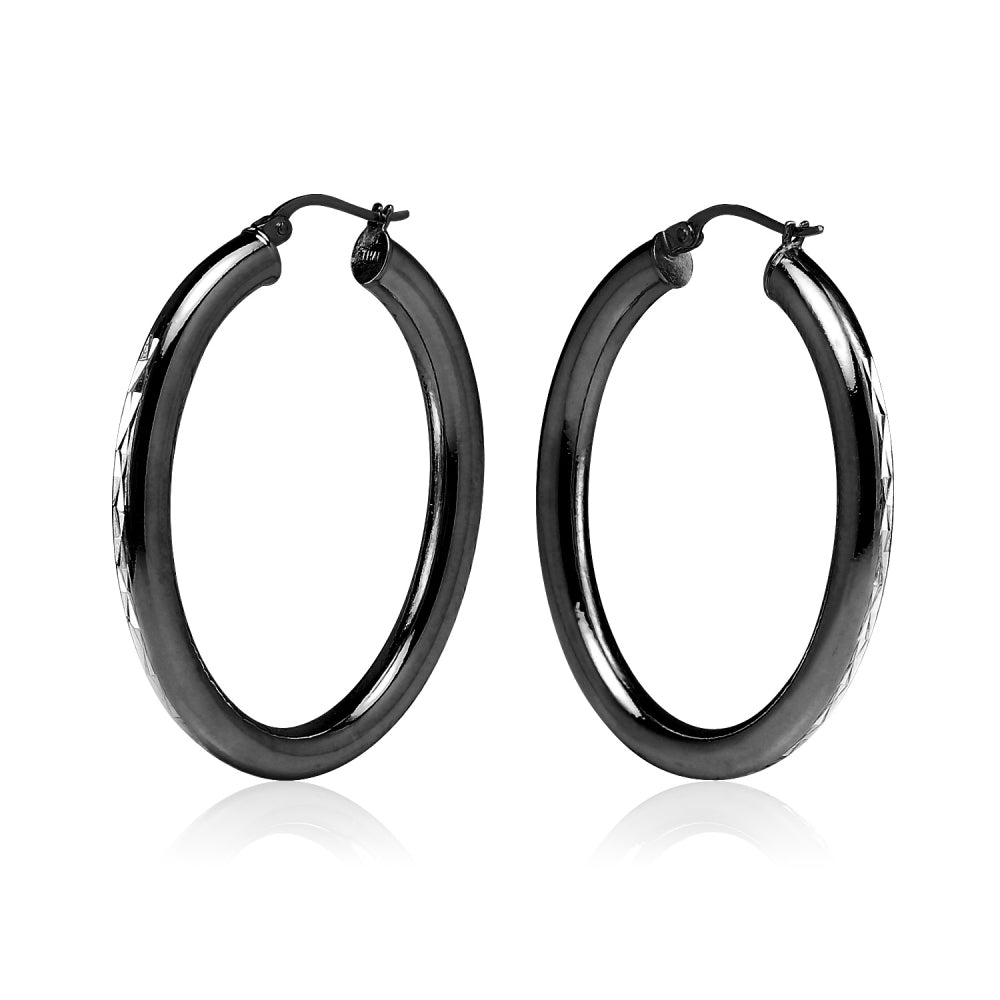 Black Flashed Sterling Silver Two Tone 4mm Oval Diamond-Cut Hoop Earrings, 30mm-2