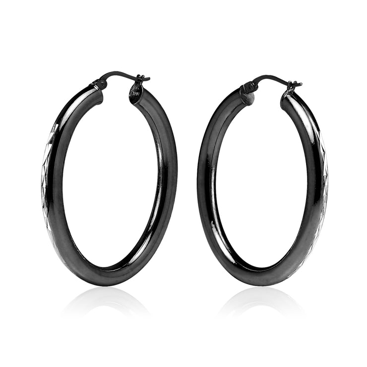 Black Flashed Sterling Silver Two Tone 4mm Oval Diamond-Cut Hoop Earrings, 30mm