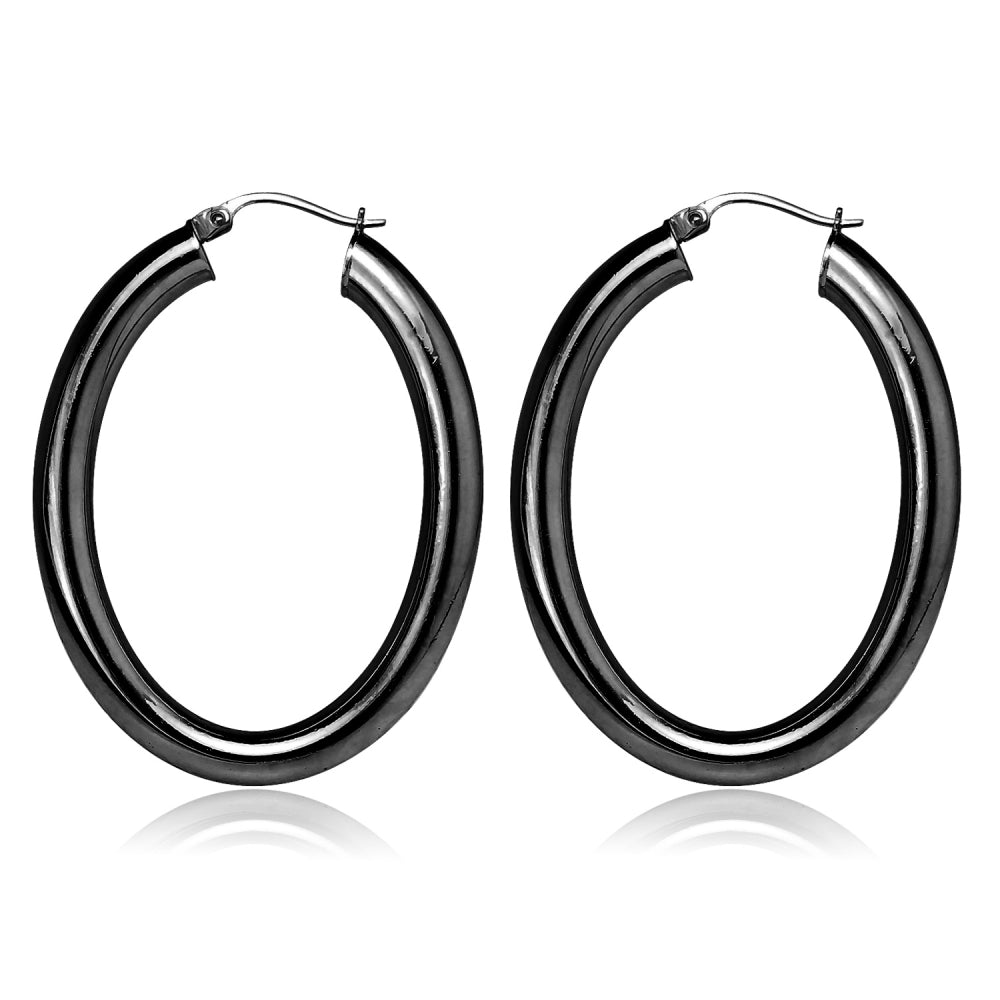 Black Flashed Sterling Silver Two Tone 4mm Oval Diamond-Cut Hoop Earrings, 30mm-3