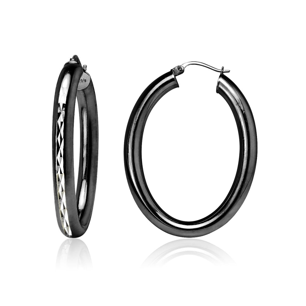 Black Flashed Sterling Silver Two Tone 4.5mm Oval Diamond-Cut Hoop Earrings, 30mm