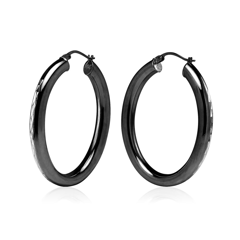 Black Flashed Sterling Silver Two Tone 4.5mm Oval Diamond-Cut Hoop Earrings, 30mm-2