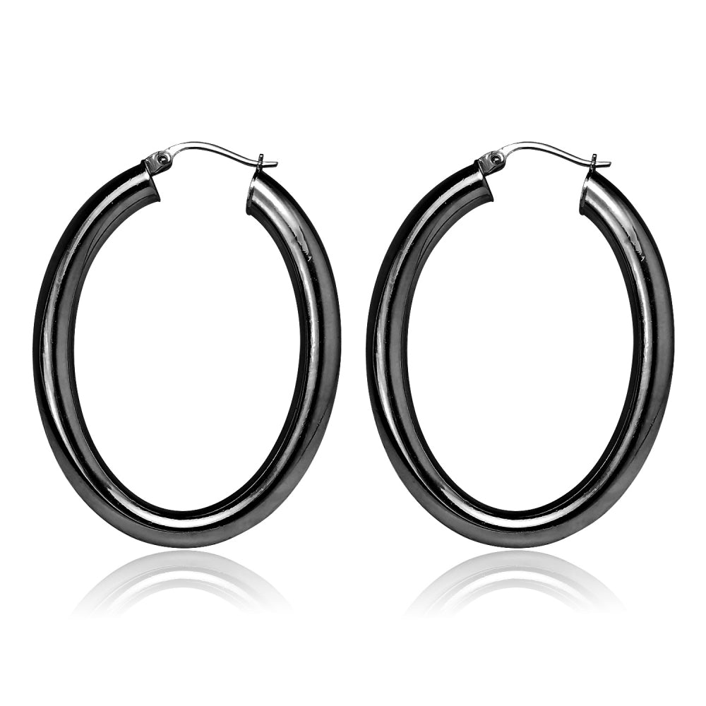Black Flashed Sterling Silver Two Tone 4.5mm Oval Diamond-Cut Hoop Earrings, 30mm-3