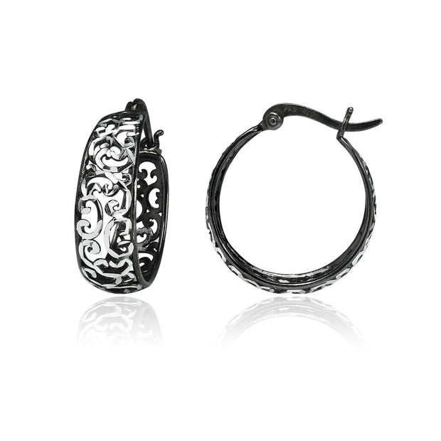 Black Flashed Sterling Silver Two-Tone  Diamond-cut Filigree Swirl Hoop Earrings