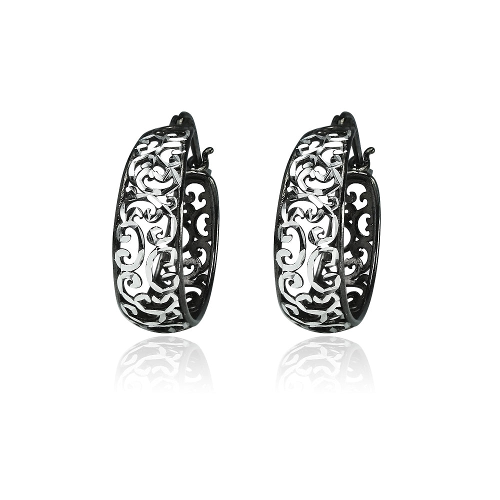 Black Flashed Sterling Silver Two-Tone  Diamond-cut Filigree Swirl Hoop Earrings-2