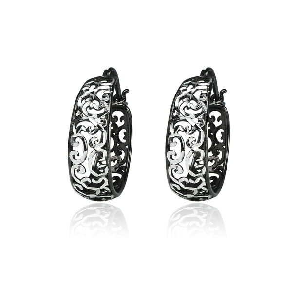 Black Flashed Sterling Silver Two-Tone  Diamond-cut Filigree Swirl Hoop Earrings