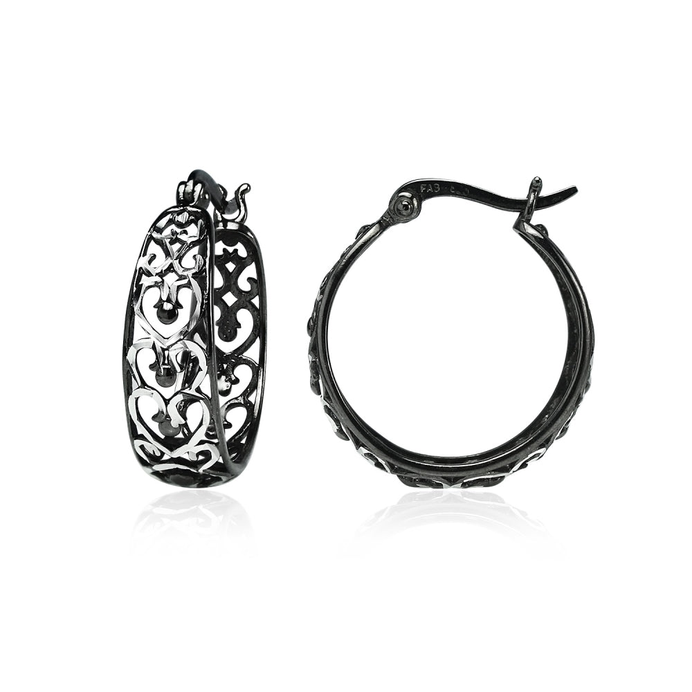 Black Flashed Sterling Silver Two-Tone  Heart Diamond-cut Filigree 20mm Hoop Earrings