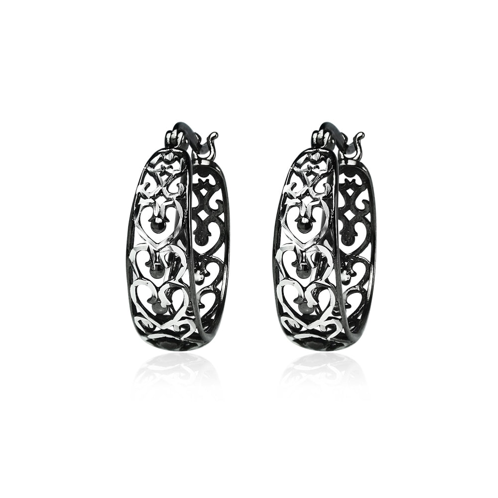 Black Flashed Sterling Silver Two-Tone  Heart Diamond-cut Filigree 20mm Hoop Earrings-2